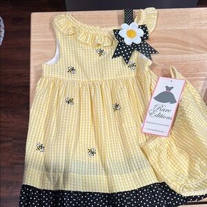 Rare Editions Yellow Gingham Dress with Daisy and Bee Details